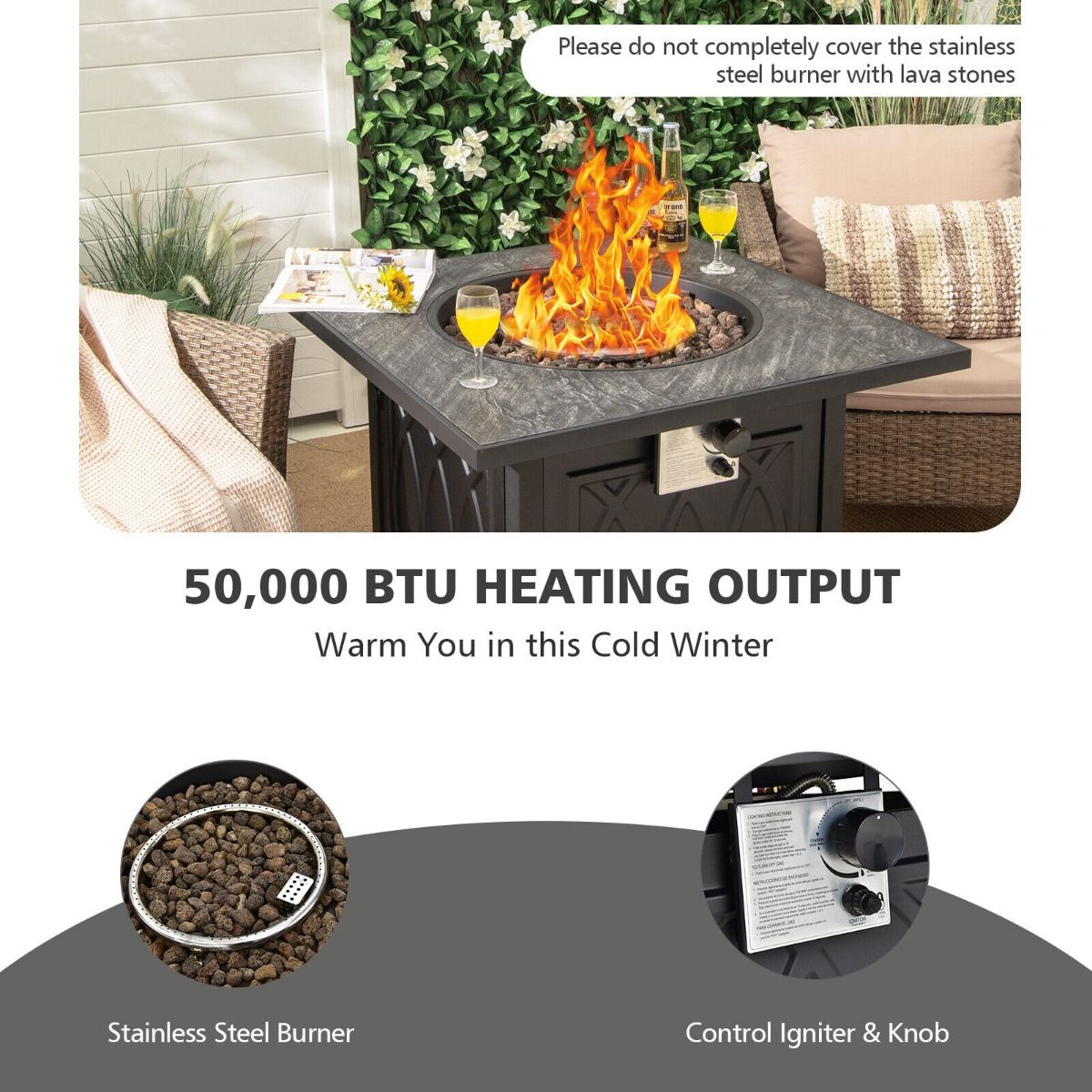 50,000 BTU Propane Fire Pit Table Square Heater with Lava Rocks Cover